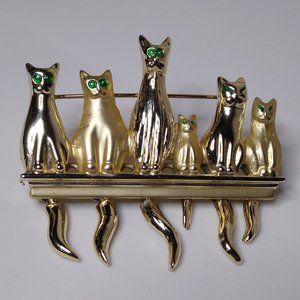 Vintage AJC Dangling Tails Green Eye Large Metal Cat Brooch
